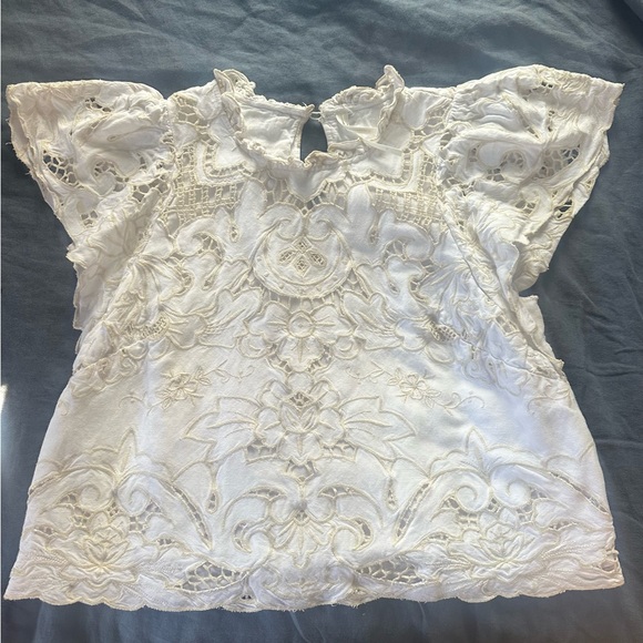 ANTHROPOLOGIE capped sleeve blouse cream w/ camel trim eyelet fabric. So cute! - Picture 4 of 8